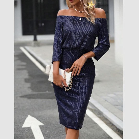 Luxe off shoulder sequins bodycon dress burgundy - Picture 4 of 15